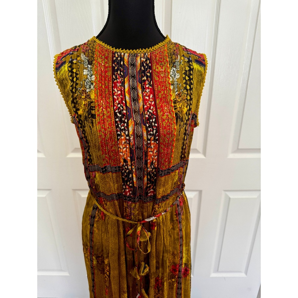 Anthropologie Bhanuni by Jyoti Tiered Maxi Dress Tassel Metallic Gold Shimmer S